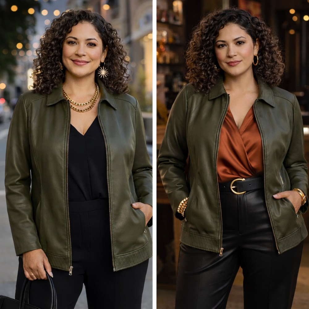 CJ Banks 1X Olive Faux Leather Zip Jacket Stretch Panel Career Chic